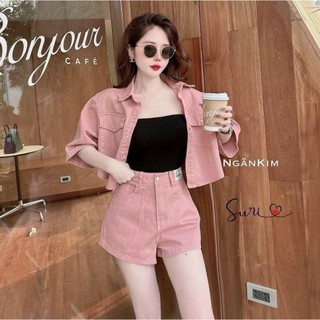Set bộ chất kaki kèm lót thời trang thiết kế nữ trẻ trung năng động cổ sơ mi áo ngắn tay quần ngắn có túi