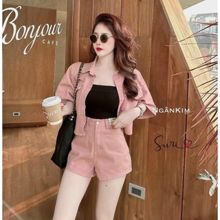 Set bộ chất kaki kèm lót thời trang thiết kế nữ trẻ trung năng động cổ sơ mi áo ngắn tay quần ngắn có túi