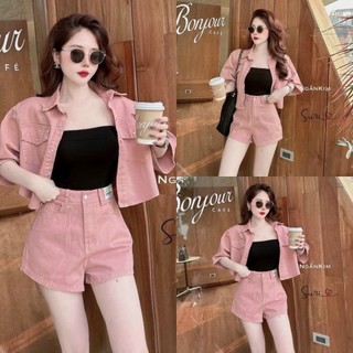 Set bộ chất kaki kèm lót thời trang thiết kế nữ trẻ trung năng động cổ sơ mi áo ngắn tay quần ngắn có túi