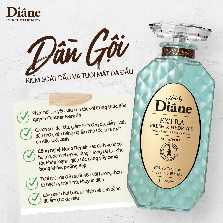 COMBO Dầu Gội Dầu Xả Sạch Dầu Và Dưỡng Ẩm Da Đầu Moist Diane Extra Fresh &  Hydrate 450ml*2