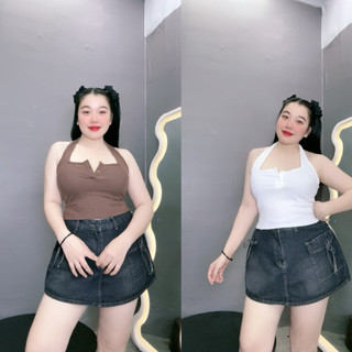 Áo dây croptop cổ yếm NHỎ CLOTHING bigsize nữ chất vải thun gân tăm co giãn thoải mái dành cho nàng mũm mĩm cá tính G46