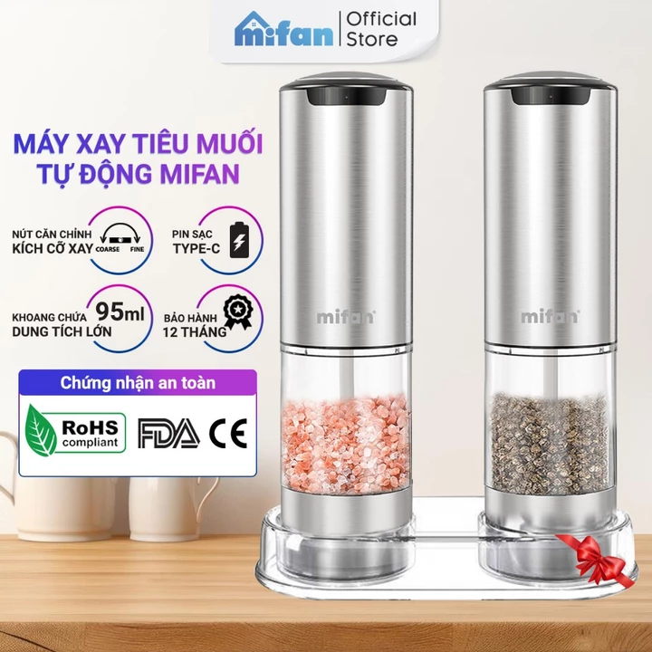 Máy Xay Tiêu Muối Tự Động Mifan Pepper Grinder - Pin Sạc Điện USB-C, Điều Chỉnh Cỡ Xay, Lưỡi Gốm, Thân Vỏ Inox 304