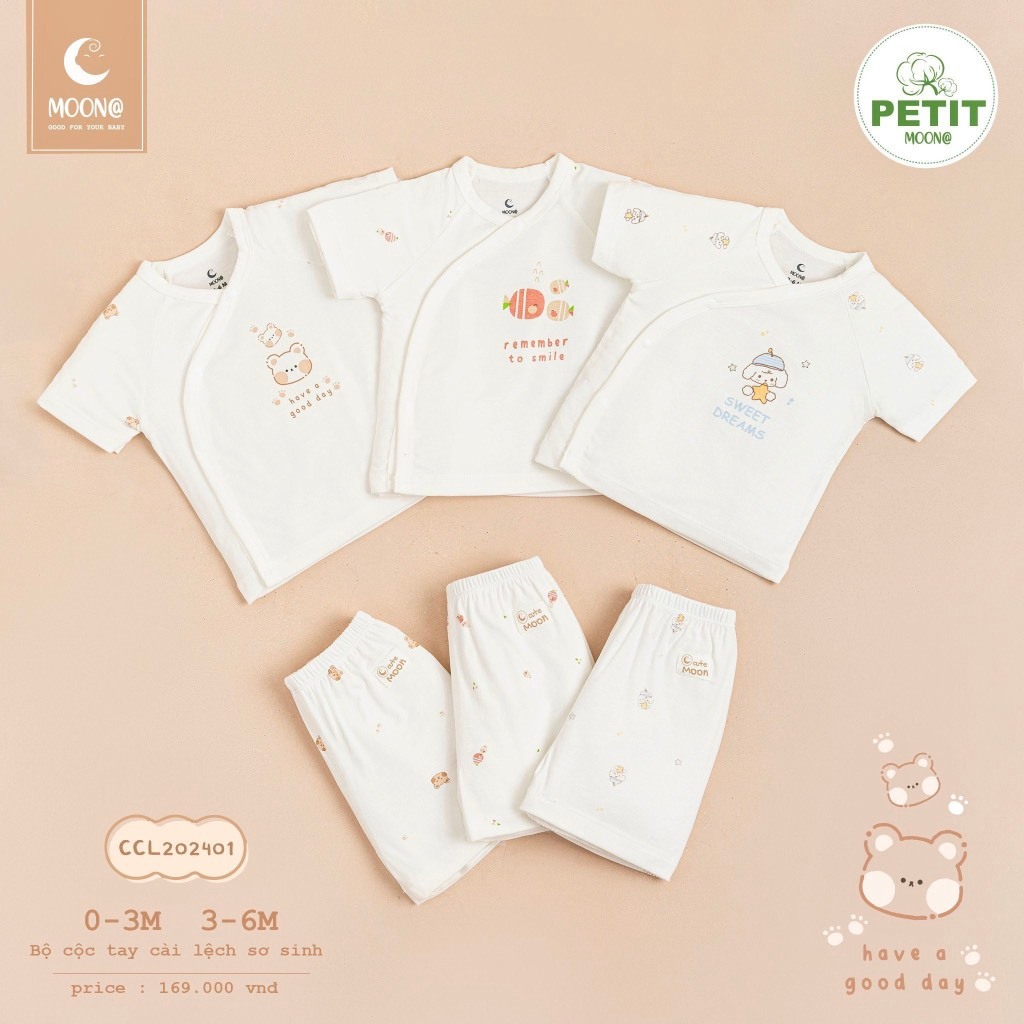 (3-7kg) Bộ Sơ Sinh Cộc Tay Cài Lệch Moon Chất Liệu Bamboo Mềm Mại CCL202401