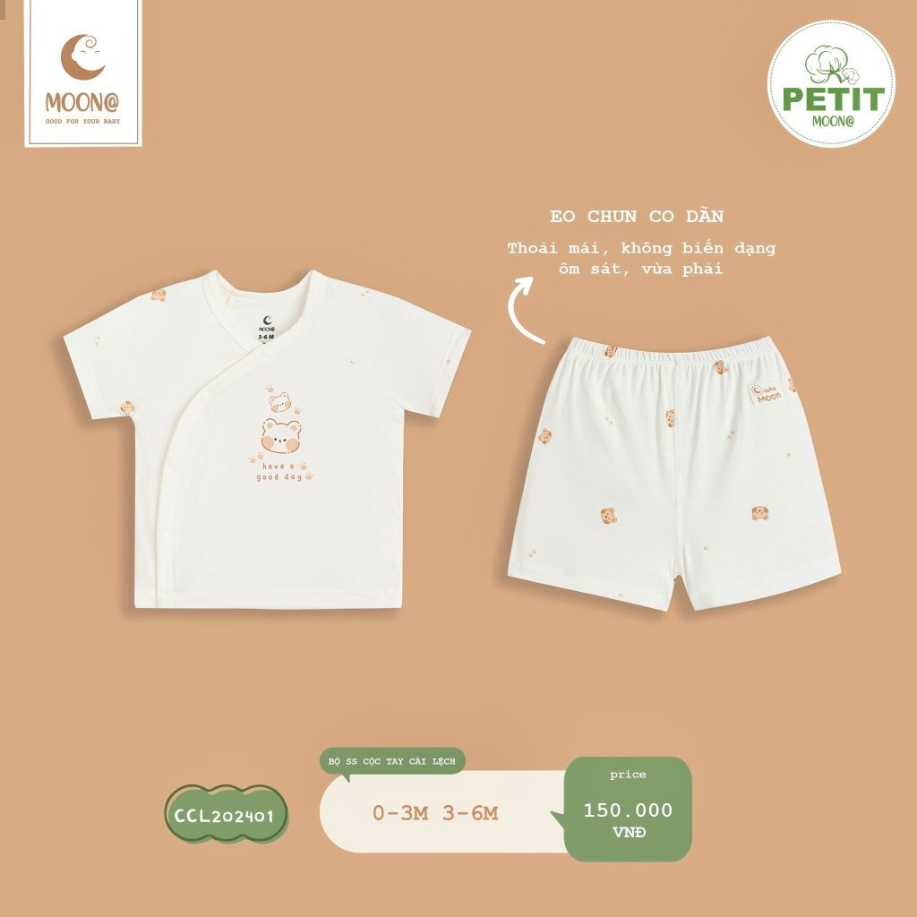(3-7kg) Bộ Sơ Sinh Cộc Tay Cài Lệch Moon Chất Liệu Bamboo Mềm Mại CCL202401