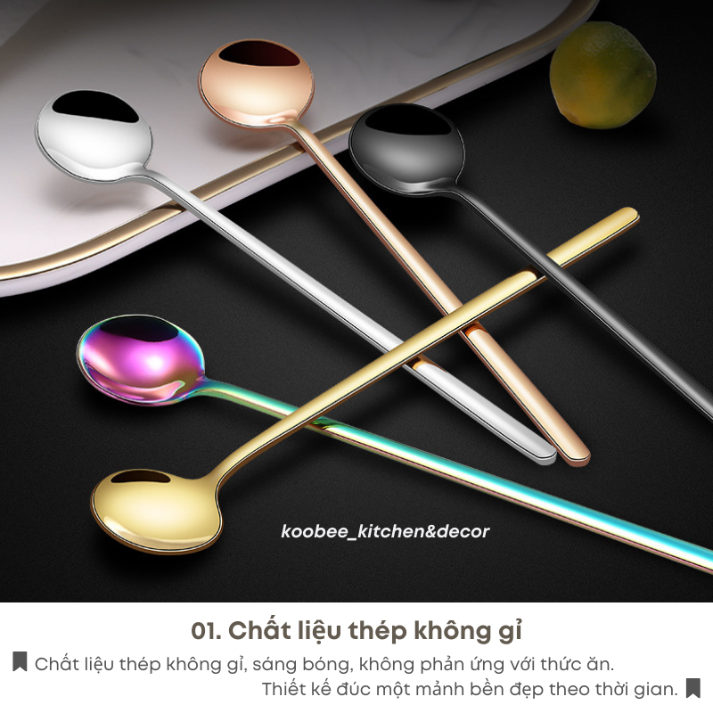 Muỗng Thìa Inox Cán Dài Miệng Tròn KOOBEE Pha Cà Phê, Ăn Tráng Miệng Phong Cách Hàn Quốc Sáng Bóng Cao Cấp | 036