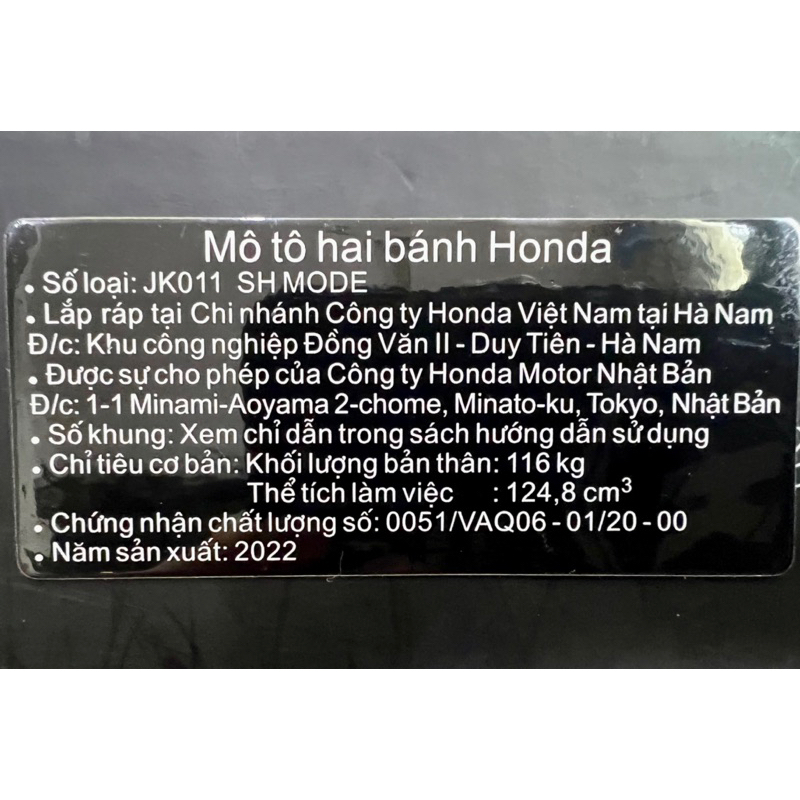 Tem thông số sh mode 2022-2026 chuẩn hãng