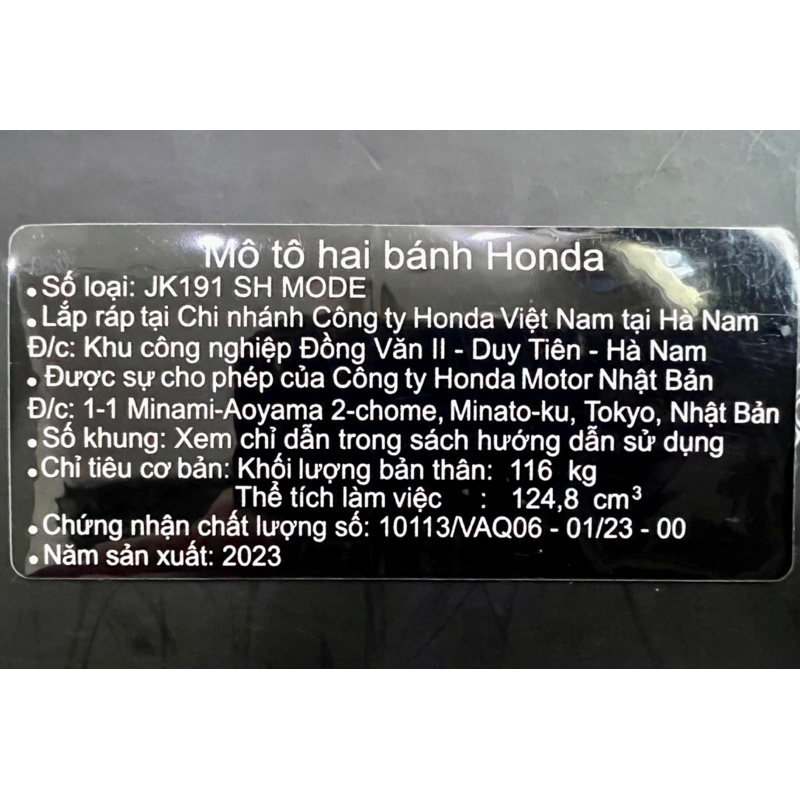 Tem thông số sh mode 2022-2026 chuẩn hãng