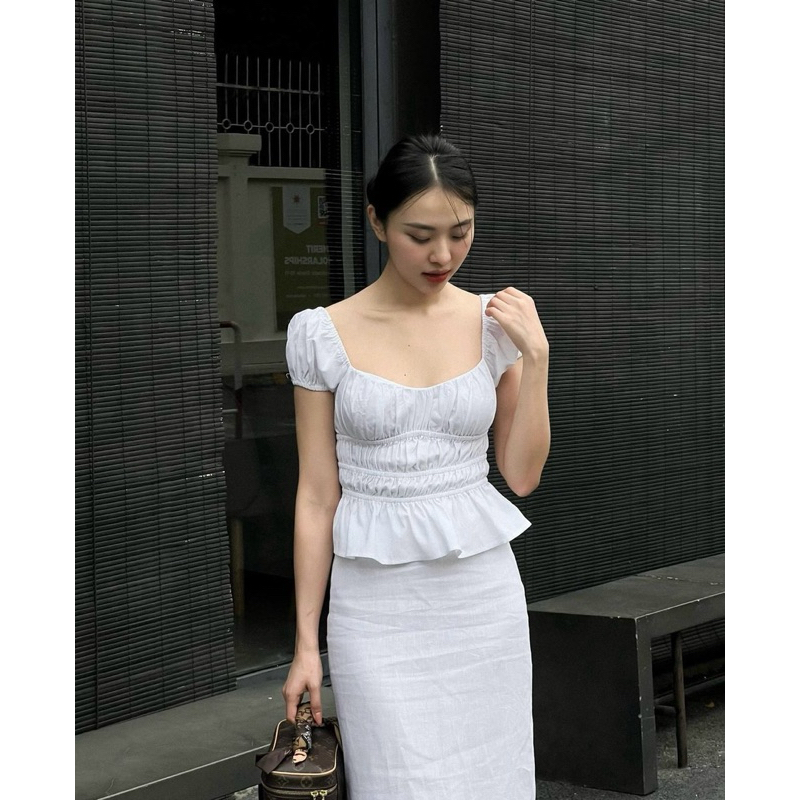 Áo linen tay bồng bo nhún ALICIA TOP