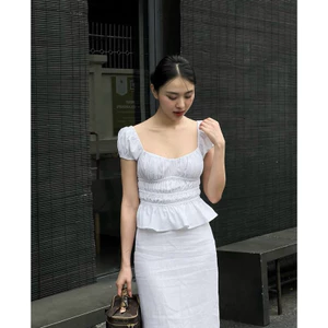 Áo linen tay bồng bo nhún ALICIA TOP