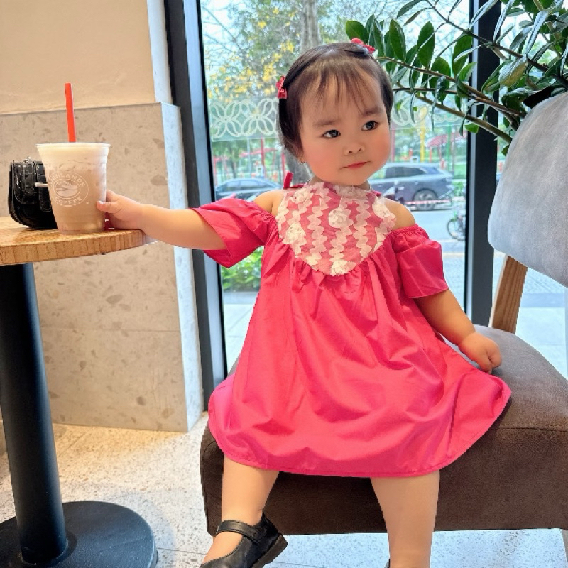 DL24 Váy Cho Bé Gái Diệu Linh Shop Kids - Váy Bé Gái Thiết Kế kiểu trễ vai hình tim ren trước kèm dây Xinh Cho Con Yêu