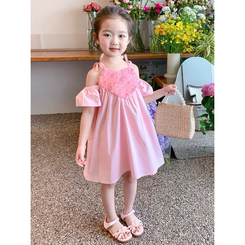 DL24 Váy Cho Bé Gái Diệu Linh Shop Kids - Váy Bé Gái Thiết Kế kiểu trễ vai hình tim ren trước kèm dây Xinh Cho Con Yêu