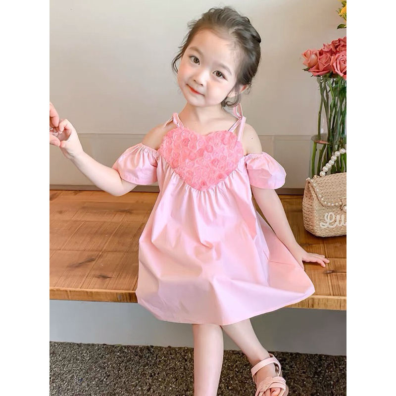 DL24 Váy Cho Bé Gái Diệu Linh Shop Kids - Váy Bé Gái Thiết Kế kiểu trễ vai hình tim ren trước kèm dây Xinh Cho Con Yêu