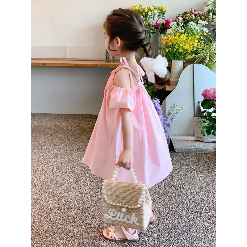 DL24 Váy Cho Bé Gái Diệu Linh Shop Kids - Váy Bé Gái Thiết Kế kiểu trễ vai hình tim ren trước kèm dây Xinh Cho Con Yêu