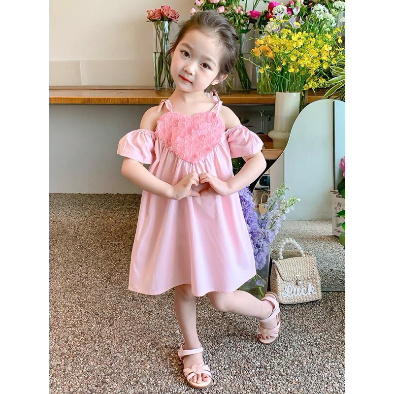 DL24 Váy Cho Bé Gái Diệu Linh Shop Kids - Váy Bé Gái Thiết Kế kiểu trễ vai hình tim ren trước kèm dây Xinh Cho Con Yêu