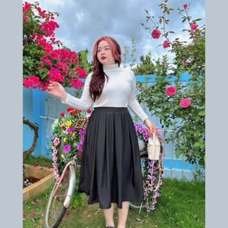 Chân váy xếp ly bigsize nữ eo chun dáng midi xòe chất vải lụa mềm mịn thời trang công sở CV17