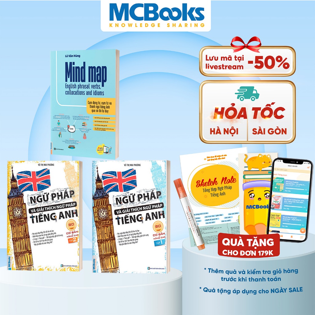 Sách - Combo Ngữ Pháp Và Giải Thích Ngữ Pháp Tiếng Anh 80/20 (Tập 1 + Tập 2) và MindMap Cụm động từ tiếng Anh MCBooks