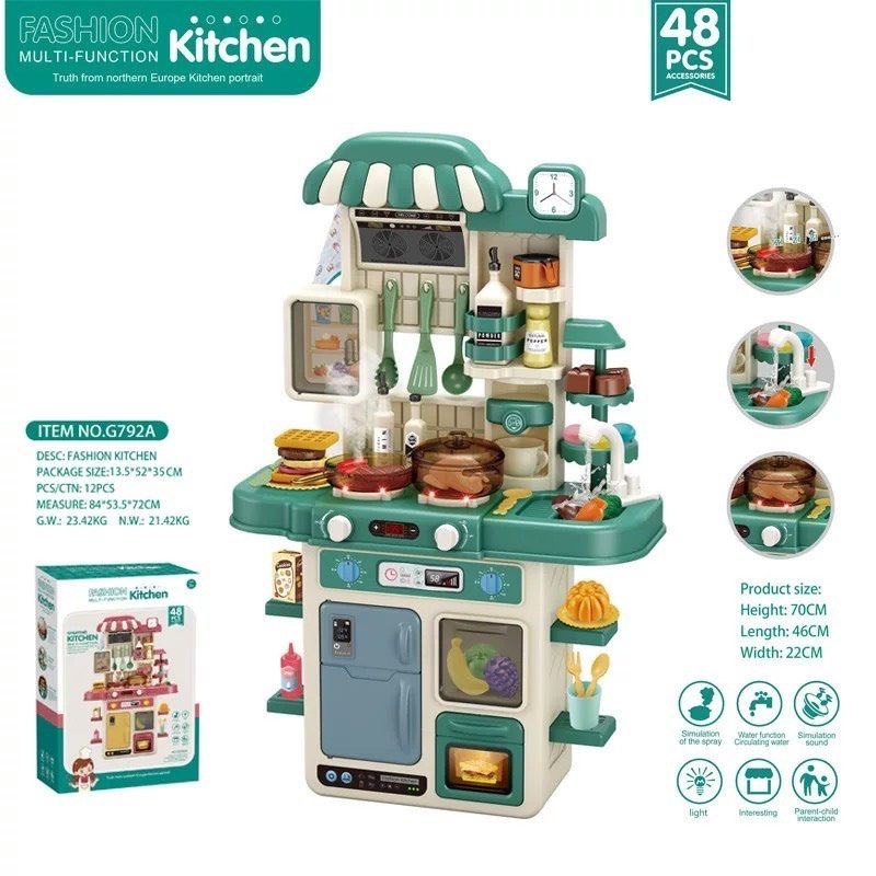 Bộ đồ chơi nhà bếp cao cấp 48 chi tiết cỡ lớn 70cm có hiệu ứng âm thanh, khói và vòi nước, bếp nấu ăn cho bé-PUPU HOUSE