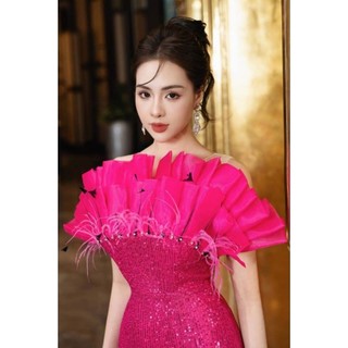 Đầm Dạ hội kim sa phối voan đính lông vũ cao cấp tặng hoa tai