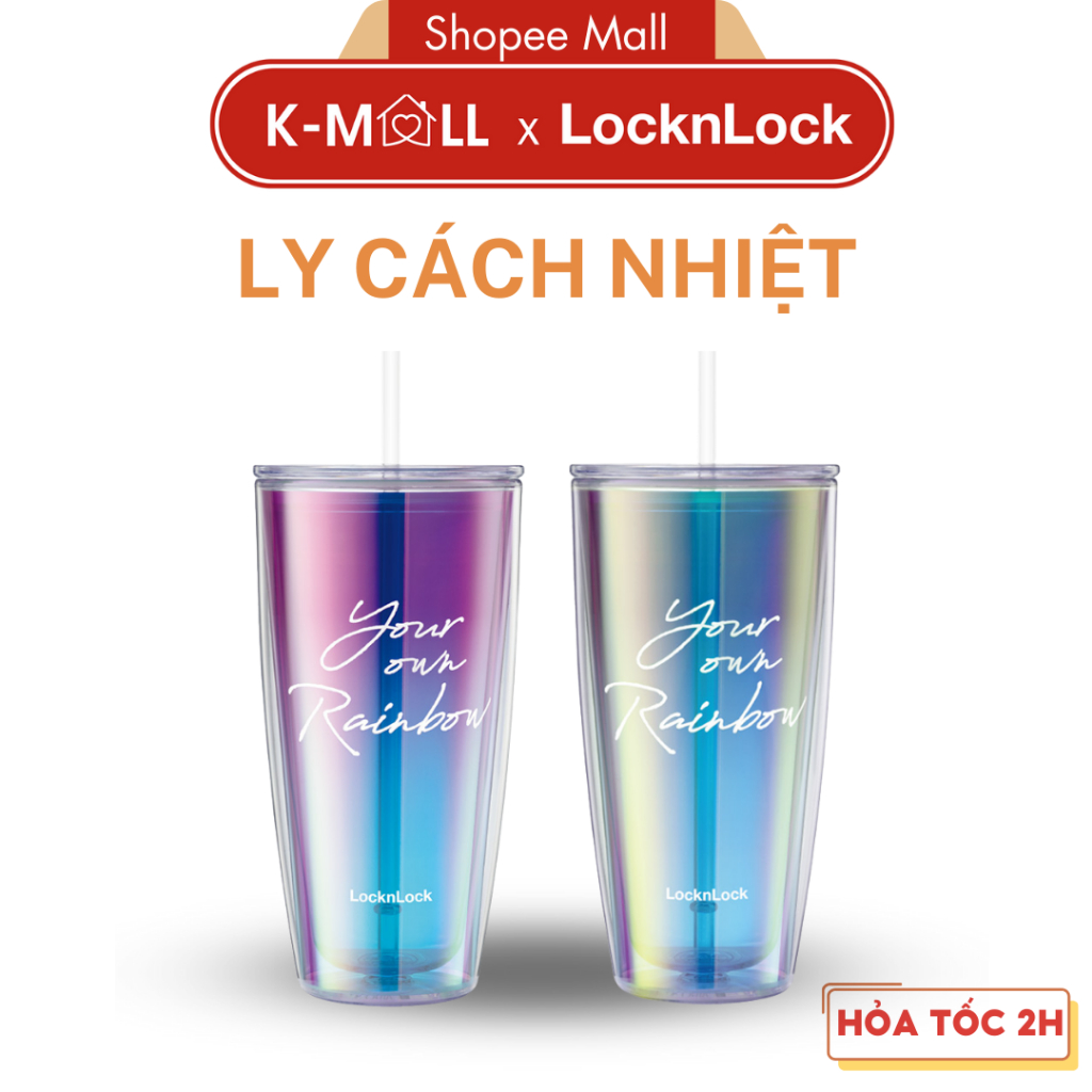 Ly nhựa 2 lớp LocknLock Rainbow double wall cold cup 750ml HAP507 , kèm ống hút và cọ rửa  - K-MALL