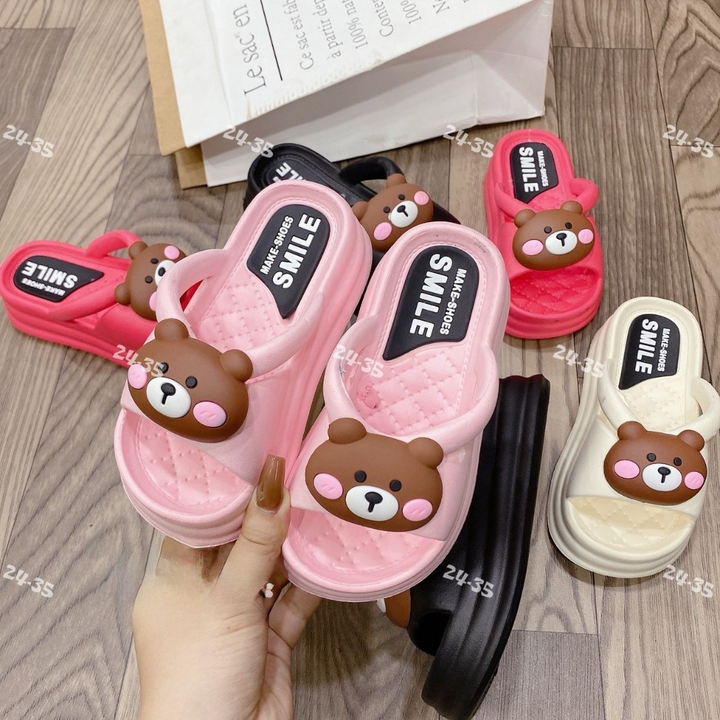SIZE TO Dép bánh hình gấu nâu cho bé gái đế cao siêu nhẹ cho bé quai - Dép phao đế cao gấu Brown