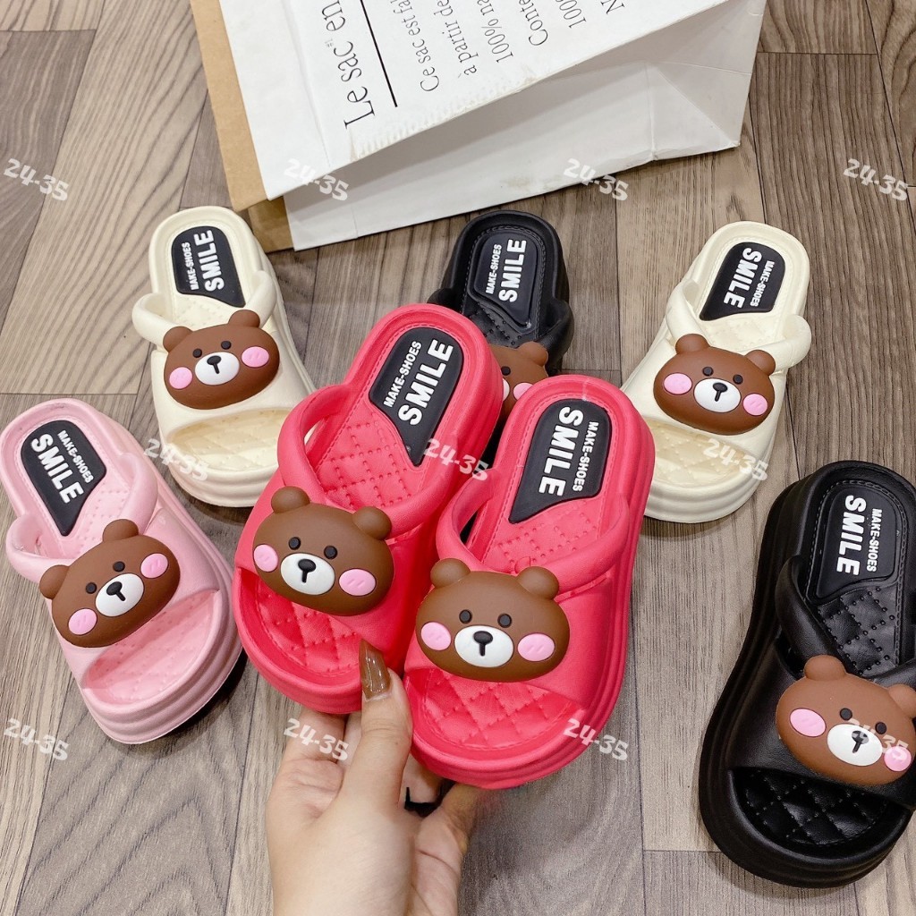 SIZE TO Dép bánh hình gấu nâu cho bé gái đế cao siêu nhẹ cho bé quai - Dép phao đế cao gấu Brown
