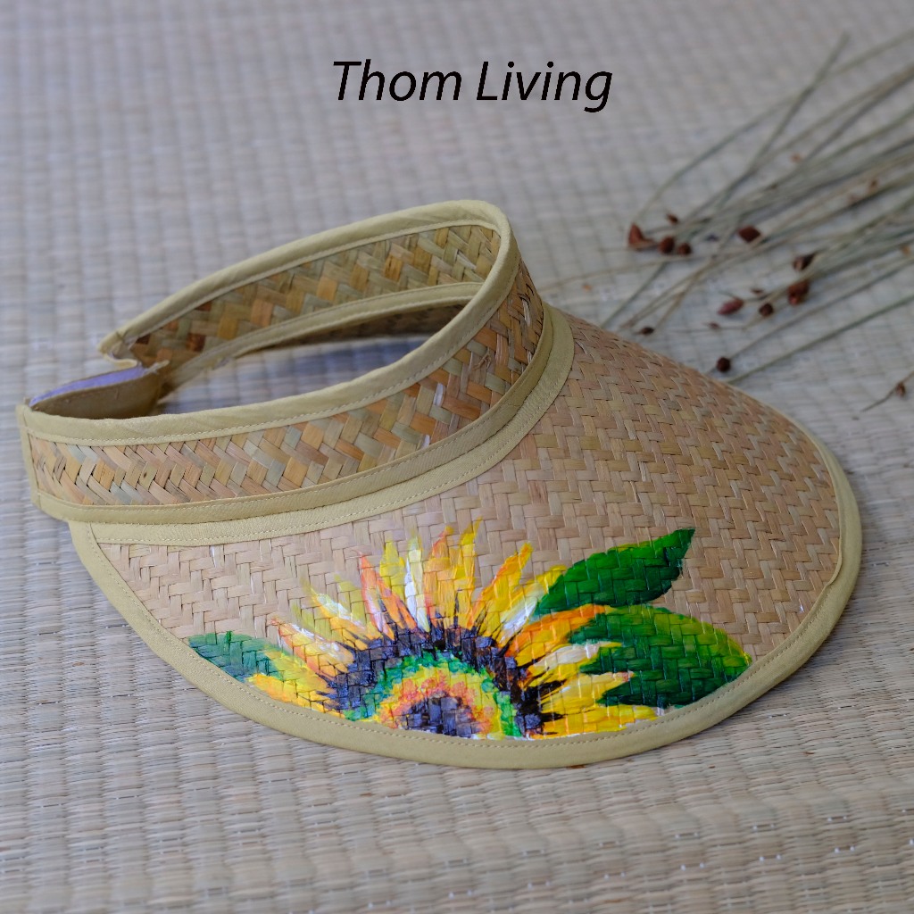 Nón mũ cỏ bàng nửa đầu thời trang vẽ hoa - cuộn gọn mang đi du lịch - có miếng dán điều chỉnh vòng đầu