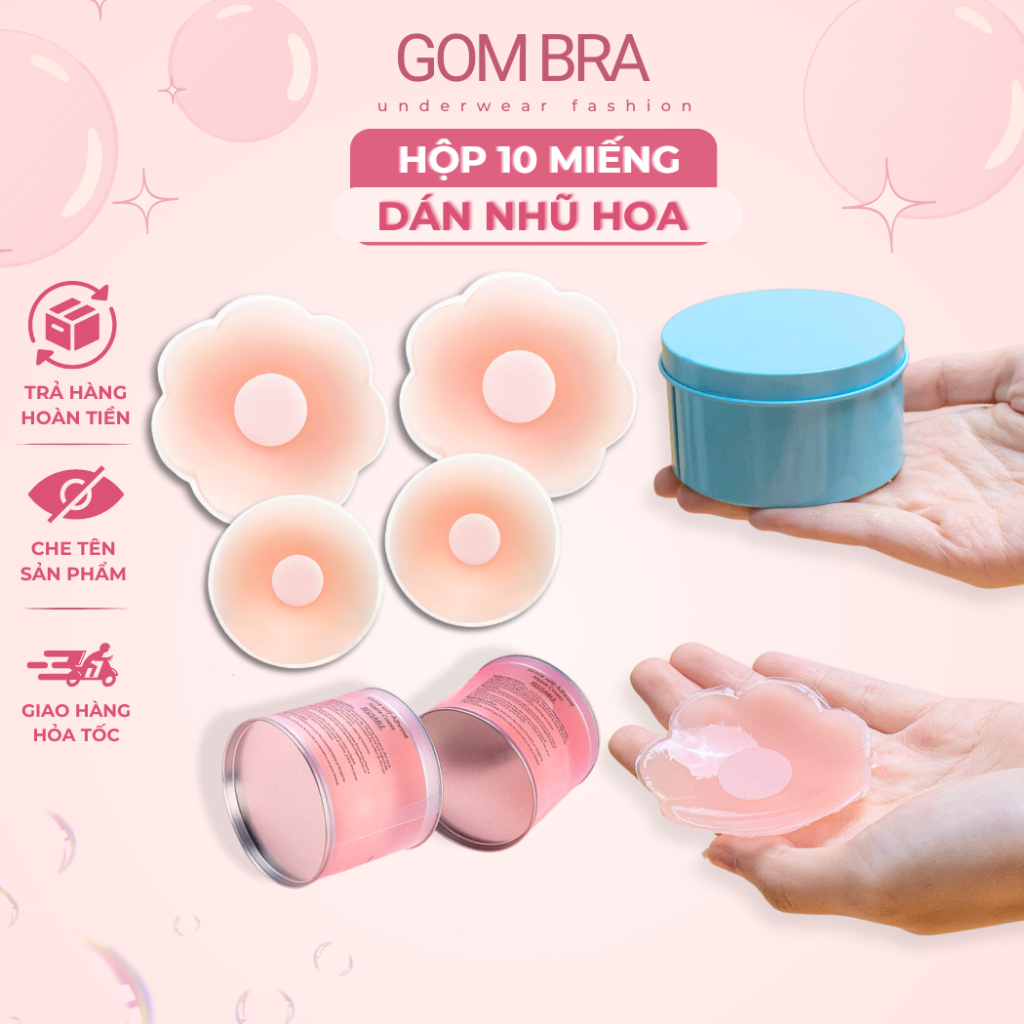 Hộp 10 miếng dán nhũ hoa silicone chống thấm Gom Bra, dán ti cao cấp bám dính, sử dụng nhiều lần - SA-9990