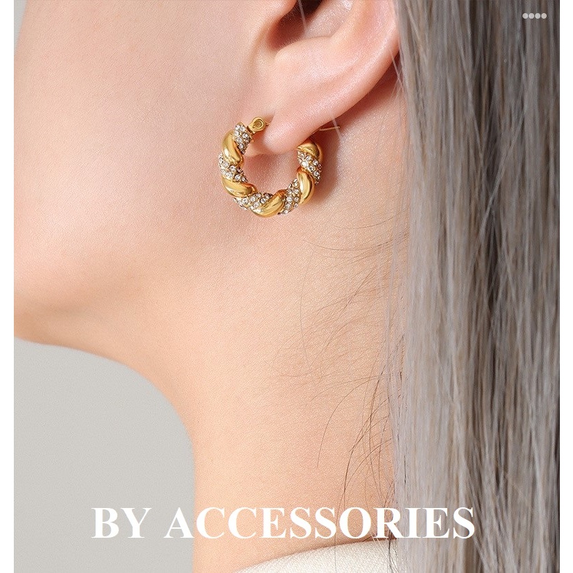 Bông tai nữ titan nữ vintage hình học nhiều kiểu khảm đá trắng lấp lánh sang trọng WE2427 BY ACCESSORIES