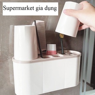 Kệ bàn chải  đánh răng dán  tường 2 cốc,Hộp treo đồ phòng tắm 0438