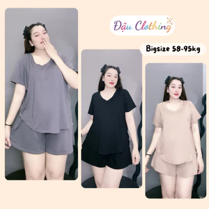 Đồ Bộ Bigsize nữ áo thun cổ tim kèm quần đùi co giãn tốt chất cotton lạnh mềm mát Đậu Clothing-SET901