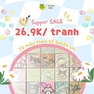 Xả hàng Tranh tô màu số hóa tự tô 20x20cm có khung các mẫu hoạt hình trẻ em phong cảnh hoa lá