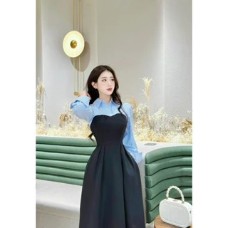 Đầm thiết kế Amy dài tay đen phối sơ mi kẻ xanh cao cấp, đầm thiết kế hera liền thân đẹp dịu dàng cho các nàng S29