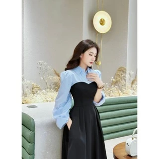 Đầm thiết kế Amy dài tay đen phối sơ mi kẻ xanh cao cấp, đầm thiết kế hera liền thân đẹp dịu dàng cho các nàng S29