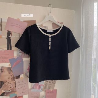 CÓ FULL MÀU - Áo thun tay ngắn - áo thun viền cổ vuông phối nút nhiennhienvintage NAT00015