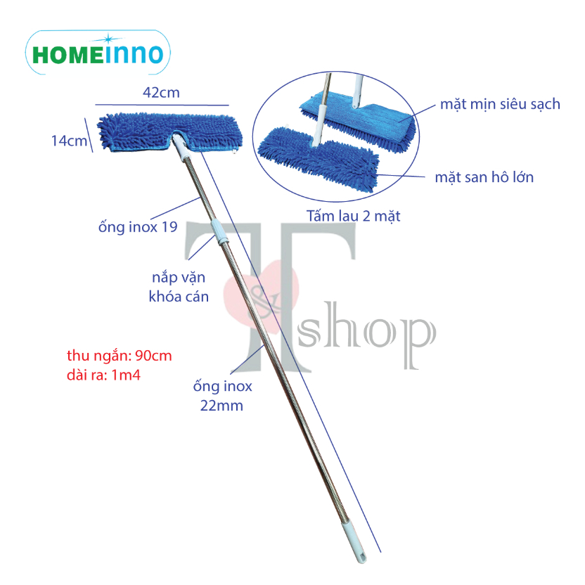 Cây Lau 2 Mặt Lau Tường, Lau Trần Nhà, Lau Xe Hơi Ô Tô Cán Tăng Đơ 1m4/2m/3m/4m/5m/6m Homeinno