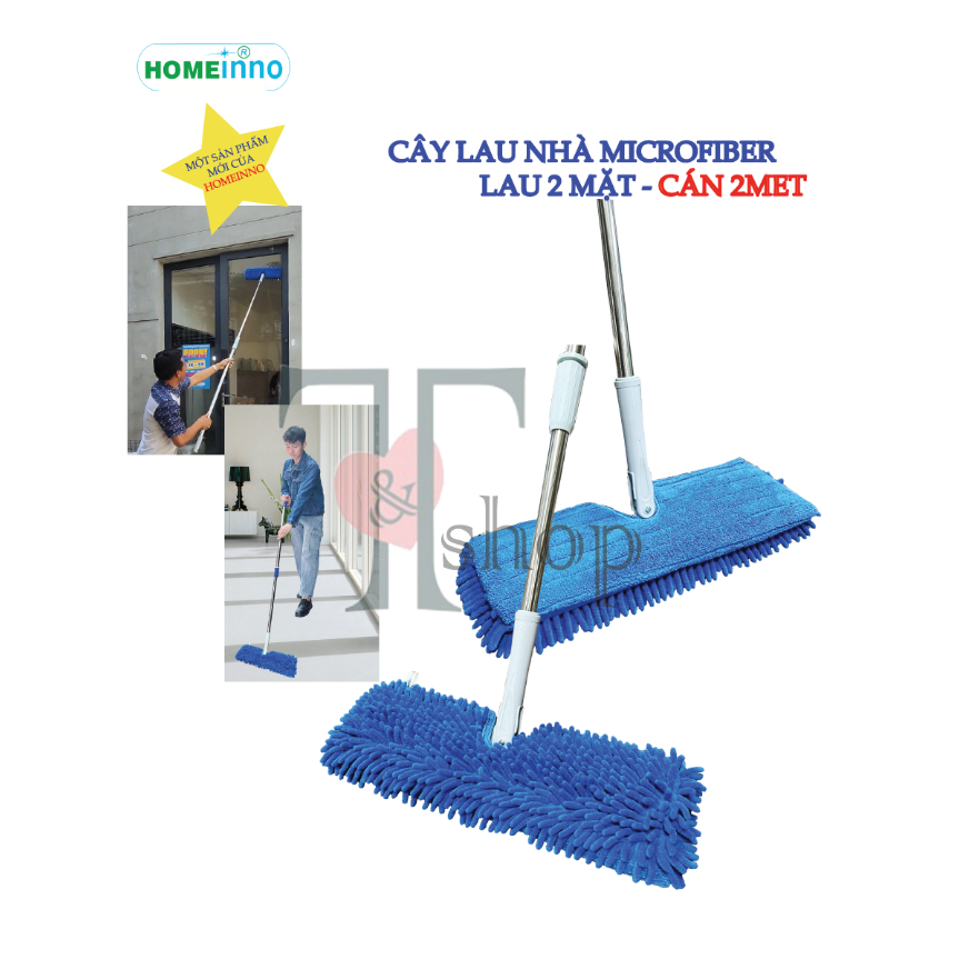 Cây Lau 2 Mặt Lau Tường, Lau Trần Nhà, Lau Xe Hơi Ô Tô Cán Tăng Đơ 1m4/2m/3m/4m/5m/6m Homeinno