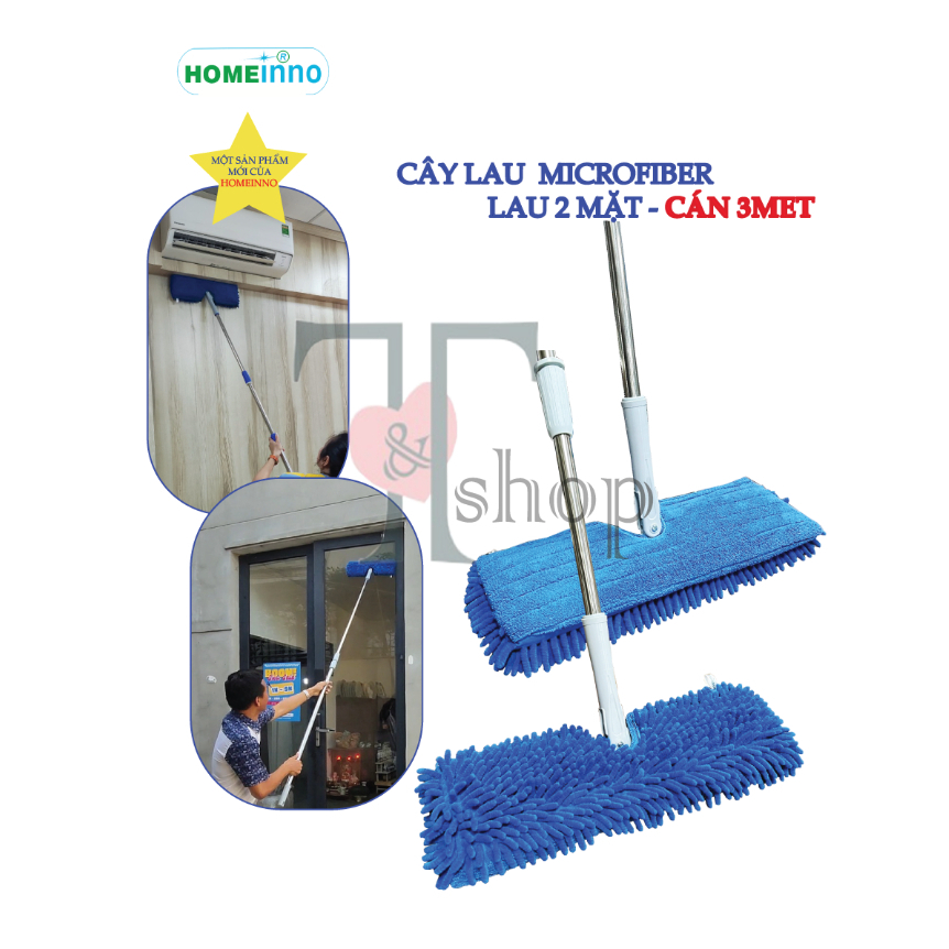 Cây Lau 2 Mặt Lau Tường, Lau Trần Nhà, Lau Xe Hơi Ô Tô Cán Tăng Đơ 1m4/2m/3m/4m/5m/6m Homeinno