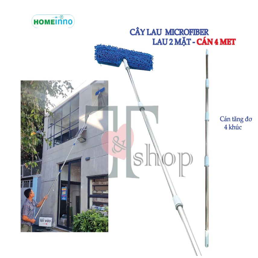 Cây Lau 2 Mặt Lau Tường, Lau Trần Nhà, Lau Xe Hơi Ô Tô Cán Tăng Đơ 1m4/2m/3m/4m/5m/6m Homeinno
