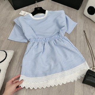 XẢ KHO 99K TRÊN LIVE Set Bộ Đồ Nữ Áo Kẻ Xanh Đệm Vai Phối Cổ Trắng Mix Chân Váy Viền Ren Gấu 2 Tầng Freesize