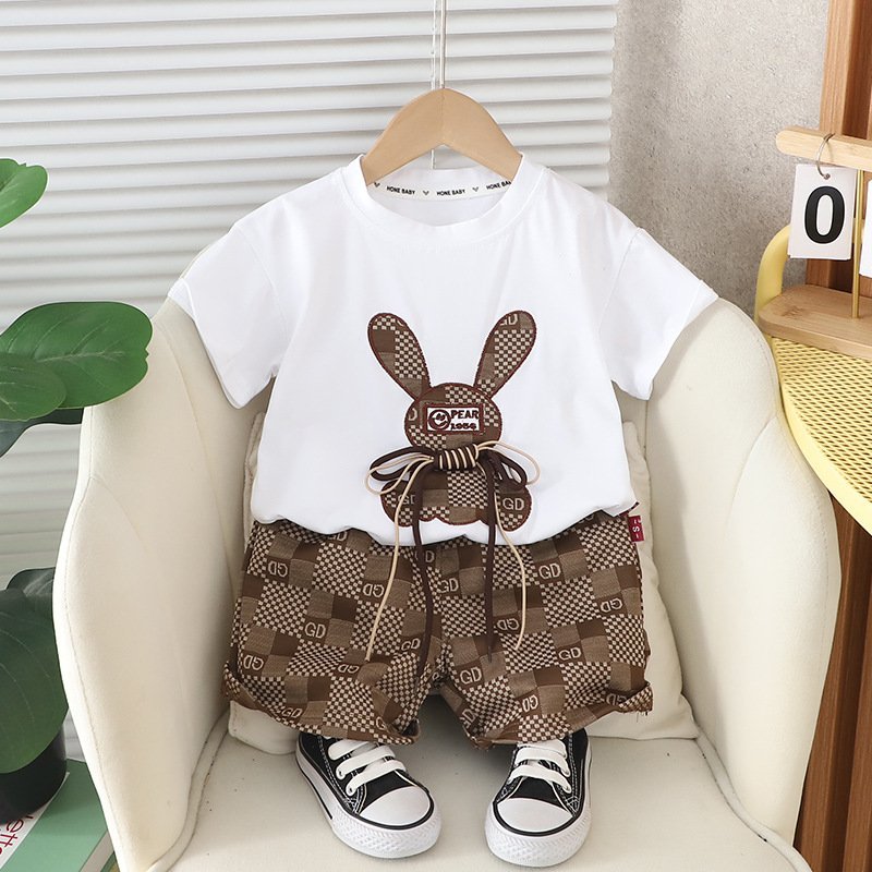 (HÀNG QCCC)Bộ quần áo thêu hình thỏ, áo vải cotton có co giãn mềm kèm quần thô kaki cho bé đi học đi chơi size 9-20kg