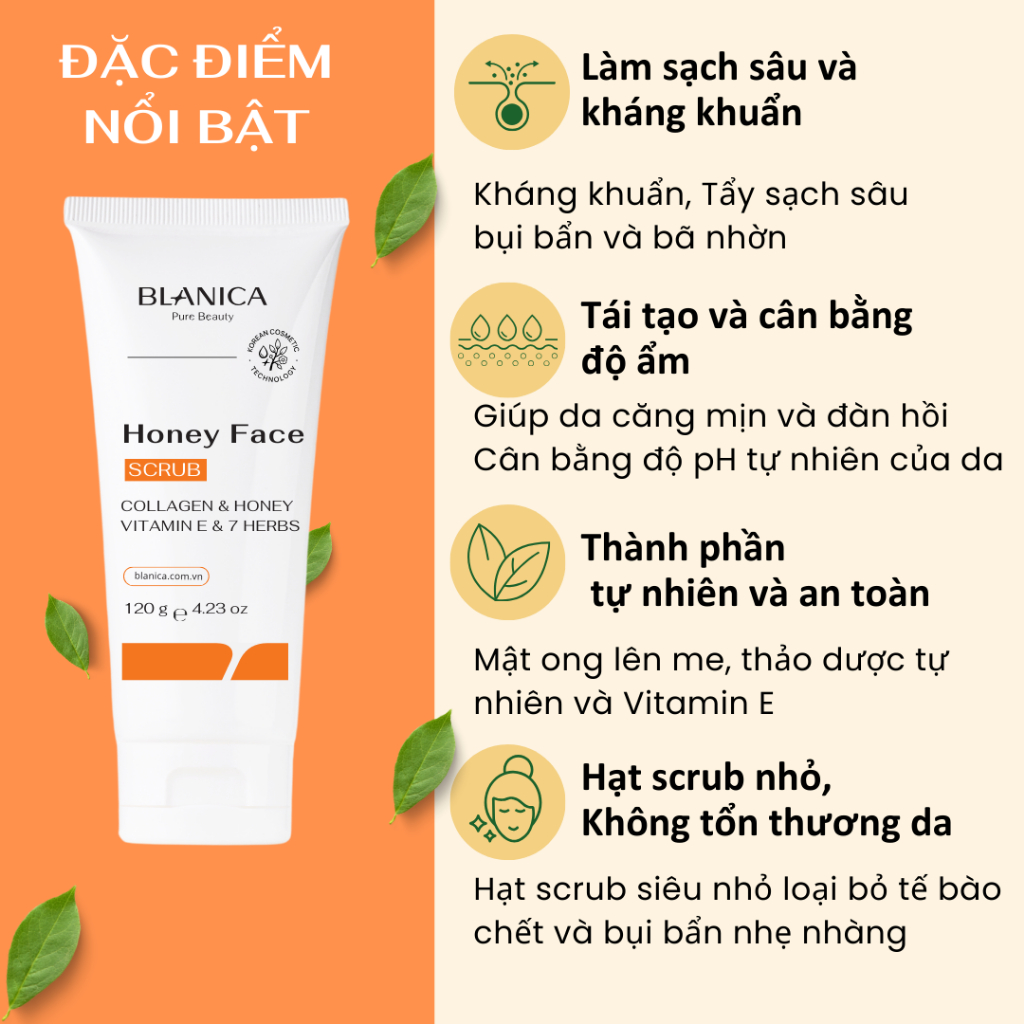 Tẩy tế bào chết da mặt BLANICA chiết xuất mật ong lên men hỗ trợ làn da mịn màng trắng sáng 120g