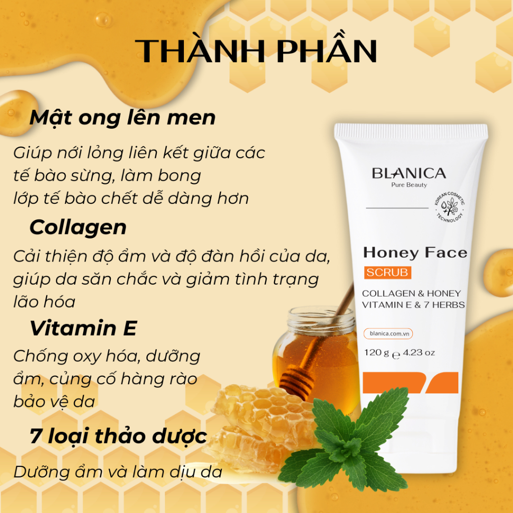 Tẩy tế bào chết da mặt BLANICA chiết xuất mật ong lên men hỗ trợ làn da mịn màng trắng sáng 120g