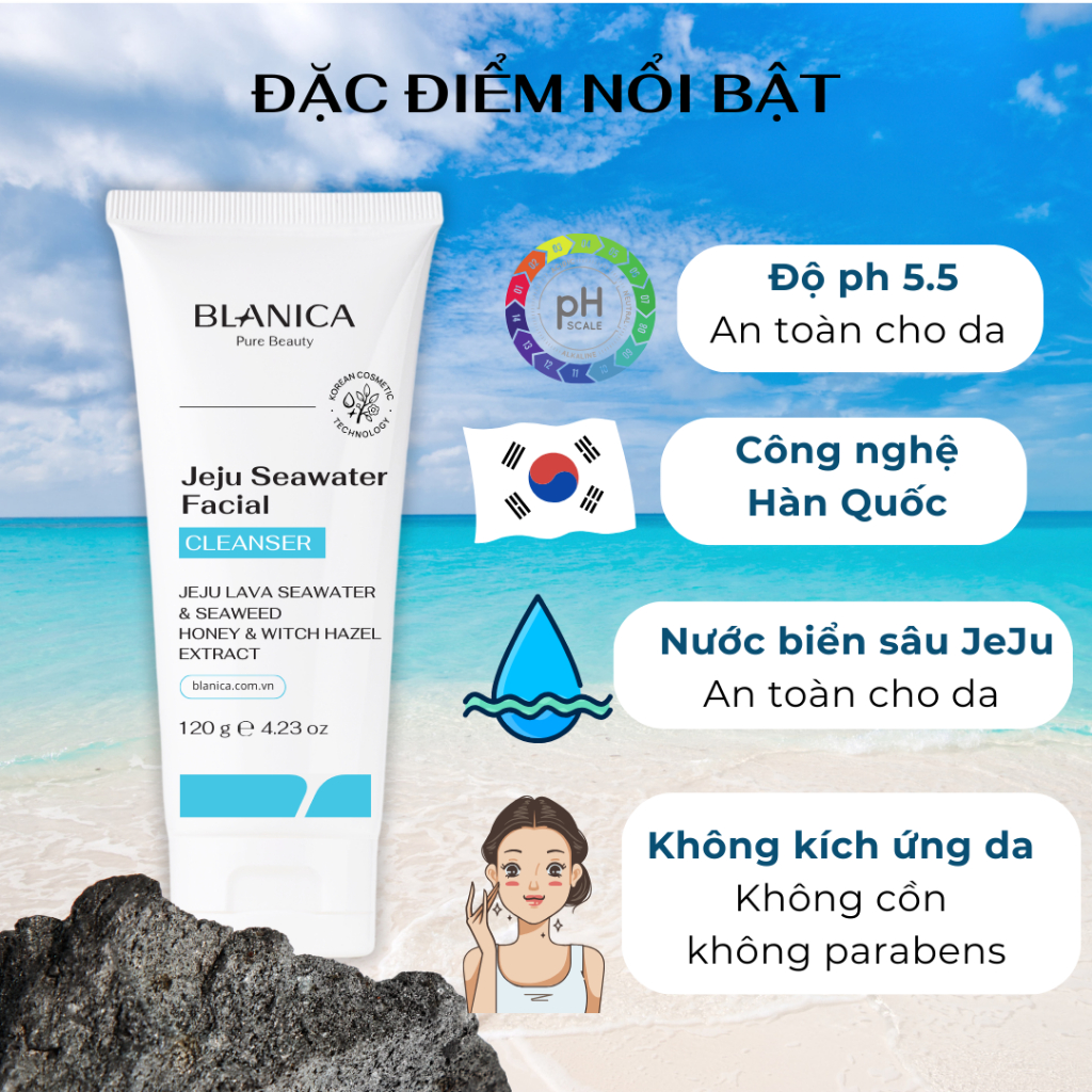 Sữa rửa mặt BLANICA Jeju Sea Water Facial Cleanser 120g dạng gel làm sạch sâu dịu nhe, hỗ trợ cân bằng độ ẩm cho da