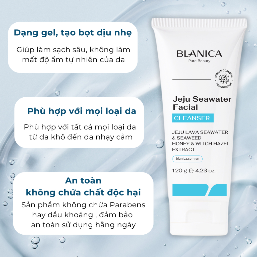 Sữa rửa mặt BLANICA Jeju Sea Water Facial Cleanser 120g dạng gel làm sạch sâu dịu nhe, hỗ trợ cân bằng độ ẩm cho da