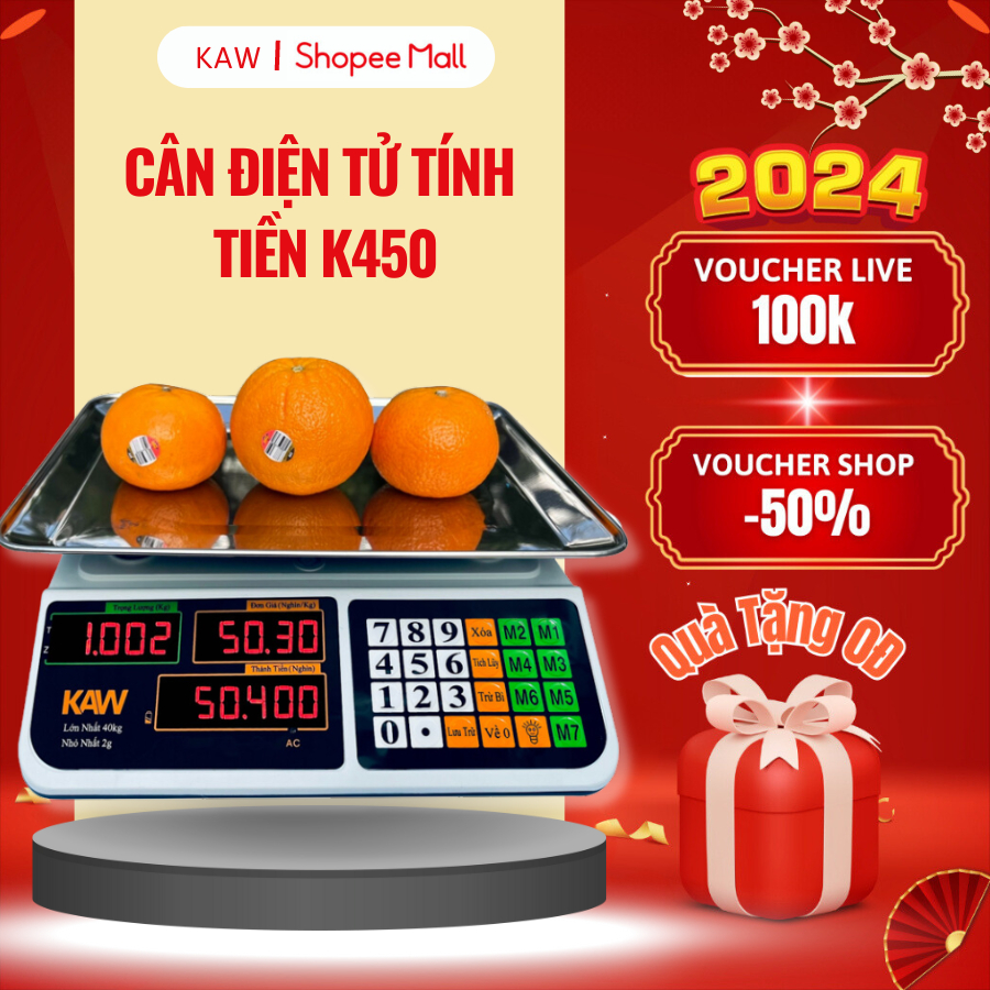 Cân điện tử tính tiền 40kg KAW K450, cân chống nước, tốc độ xử lý nhanh, bảo hành chính hãng