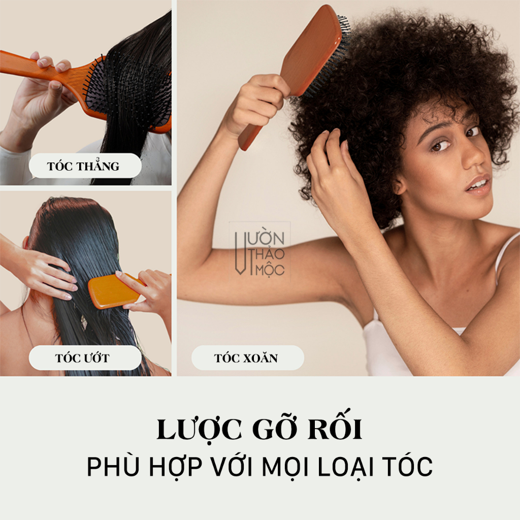 Ảnh Lược gỗ chải tóc gỡ rối chất liệu sồi cao cấp VƯỜN THẢO MỘC massage da đầu chống rụng kích thích mọc tóc thư giãn 2