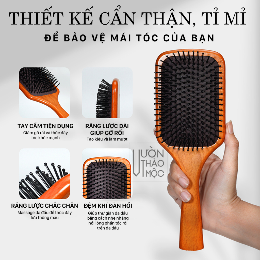 Ảnh Lược gỗ chải tóc gỡ rối chất liệu sồi cao cấp VƯỜN THẢO MỘC massage da đầu chống rụng kích thích mọc tóc thư giãn 1
