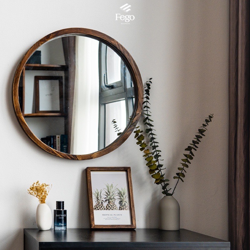 Ảnh Gương tròn viền gỗ tự nhiên FEGO cho bàn trang điểm, nhà tắm, decor quán cafe 2