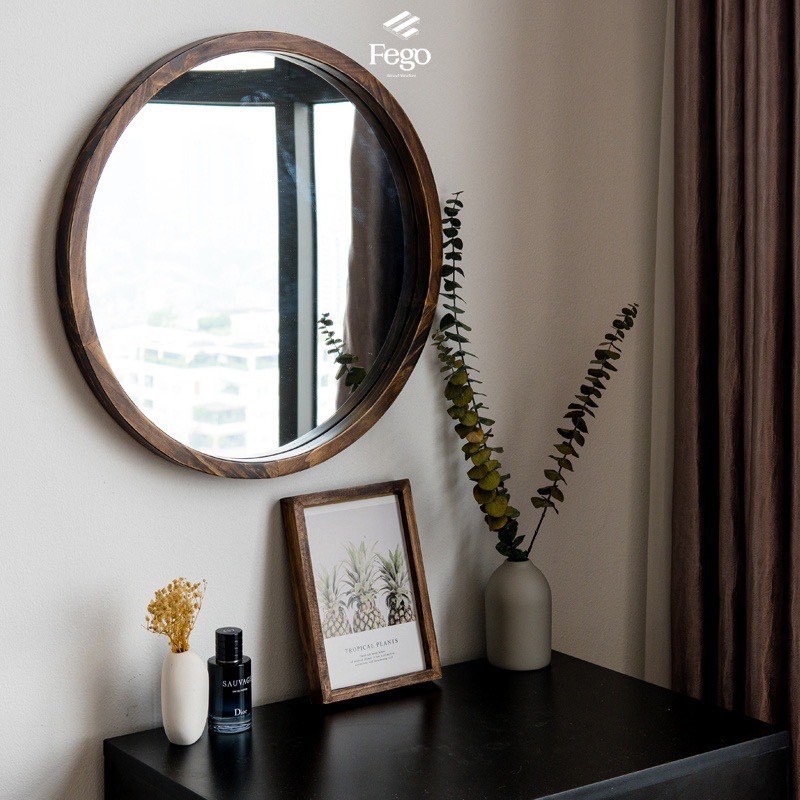 Ảnh Gương tròn viền gỗ tự nhiên FEGO cho bàn trang điểm, nhà tắm, decor quán cafe 1