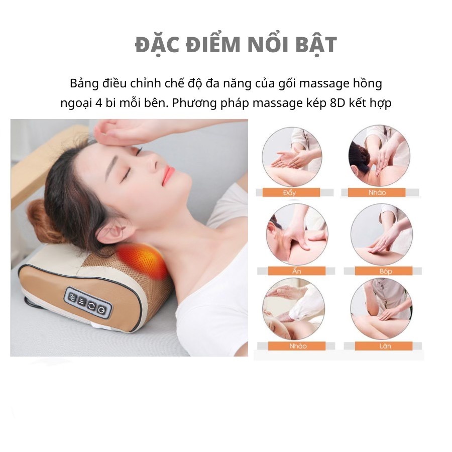 Gối Massage cổ vai gáy và chườm ấm hồng ngoại 20 bi QA HAPPY LIFE giúp giảm đau mệt mỏi, thư giản